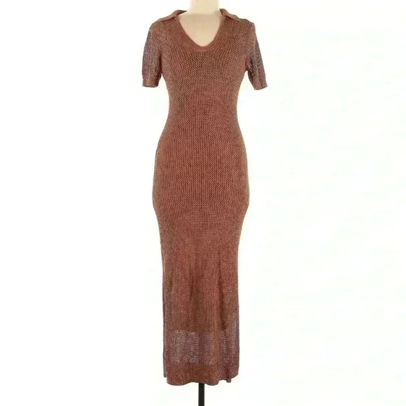 STAUD Oceane Crochet Maxi Midi Dress M Short Sleeve Collared Knit Bodycon Fitted - Picture 4 of 6